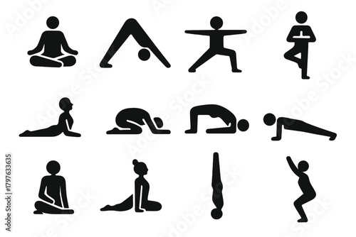 Yoga Pose Icons. Solid style icons of Yoga poses: lotus pose, downward dog, warrior pose, tree pose, cobra pose, child’s pose,