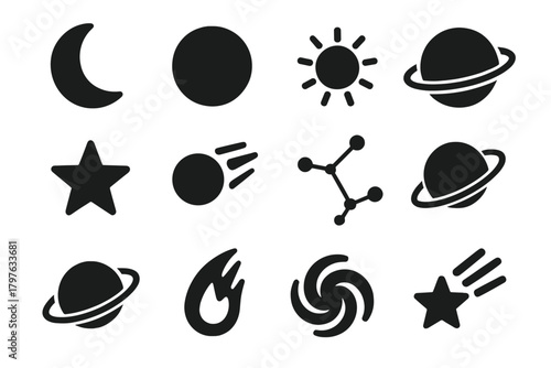 Celestial Icon Collection. Solid style icons of Celestial symbols: crescent moon, full moon, sun, planet icon, star, comet,