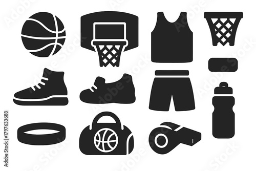 Basketball Gear Icons. Solid style icons of Basketball equipment: basketball, hoop, backboard, net, sneakers, jersey, shorts,