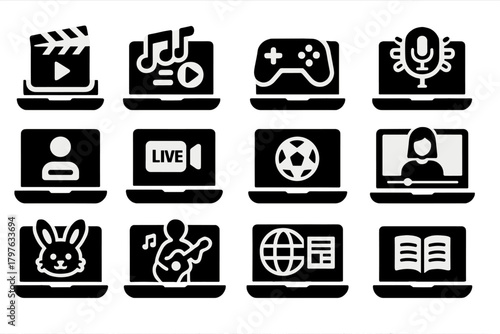 Laptop Entertainment Icons. Solid style icons of laptop entertainment: movie streaming, music playlist, gaming session, podcast