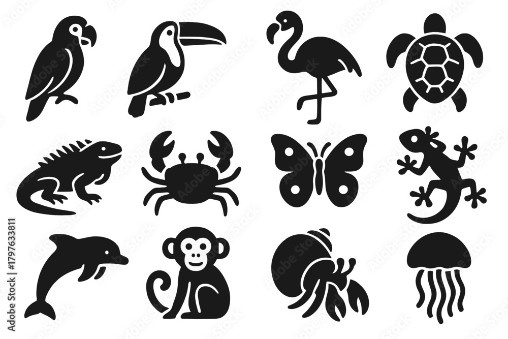 Obraz premium Tropical Wildlife Icons. Solid style icons of tropical wildlife: parrot, toucan, flamingo, sea turtle, iguana, crab, butterfly,