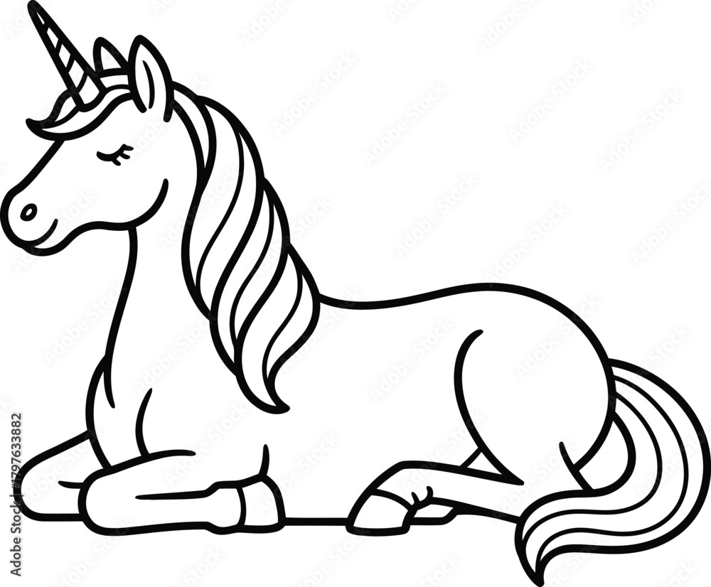 Fototapeta premium Whimsical line art unicorn resting peacefully with closed eyes and flowing mane