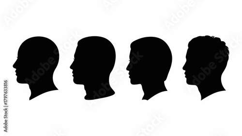 Diverse human head silhouettes in profile view showcasing various ages and genders on a clean white background, ideal for identity concepts