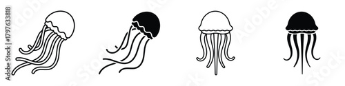 Jellyfish icon in linear and clipart style pack on white background.