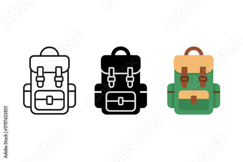 Three backpacks are shown in different colors and sizes. The black backpack is the largest and is positioned in the middle of the other two backpacks. The green backpack is smaller