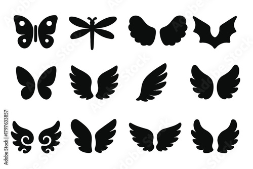 Diverse Wing Icons. Solid style icons of wings: butterfly wings, dragonfly wings, angel wings, bat wings, fairy wings, bird wings,