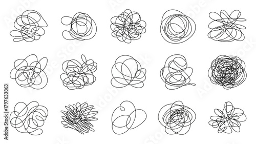 Abstract tangled line scribbles set, symbolizing complexity, confusion, problem, solution, stress, thought processes, and mental state.