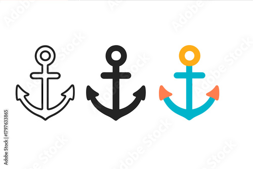 Three different colored anchors are shown, with one being black and white and the other two being blue and orange