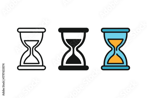 Three different types of clocks are shown, each with a different color. The clocks are all black and white, and they all have a similar design. The clocks are arranged in a row