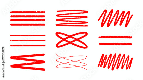 Collection of hand-drawn distressed red lines, scribbles, underlines, and spirals with a grunge marker texture on white background.