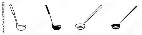 Kitchen ladle icon in linear and clipart style pack on white background.