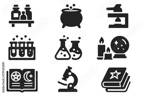 Magical Lab Icons. Solid style icons of Laboratory environment: shelves with bottles, cauldron, workbench, test tubes, flasks,