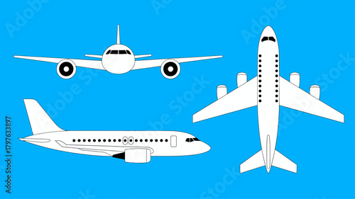 Detailed vector illustration of a passenger airplane from three distinct perspectives: front, side, and top view for travel concepts
