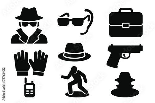 Spy Icons Collection. Solid style icons of Spy agents: spy figure, trench coat, sunglasses, earpiece, briefcase, gloves, hat,