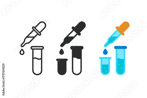 Series of three images of a dropper with a liquid in a test tube. The first image shows a dropper with a liquid in a test tube, the second image shows a dropper with a liquid in a test tube