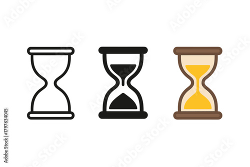 Three different timepieces, each with a different color, are shown in a row. The timepieces are all black and white, and they all have a similar design