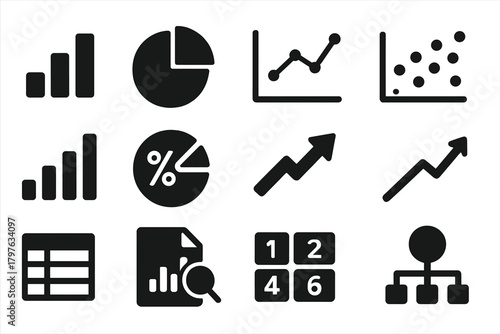 Solid Data Icons. Solid style icons of Data and statistics: bar chart, pie chart, line graph, scatter plot, histogram, percentage