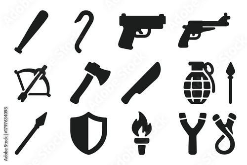 Solid Defense Icons. Solid style icons of Weapons and defense: baseball bat, crowbar, pistol, rifle, crossbow, axe, machete,