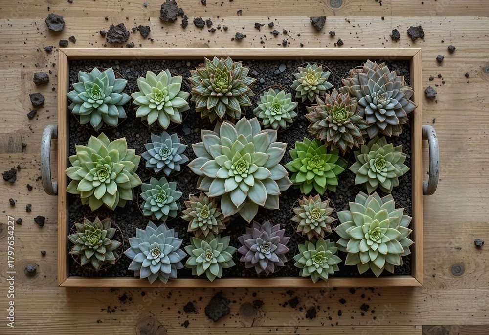 Fototapeta premium Top view of succulents arranged on wooden tray, surrounded by soil, warm indoor light, full frame, detailed organic texture.