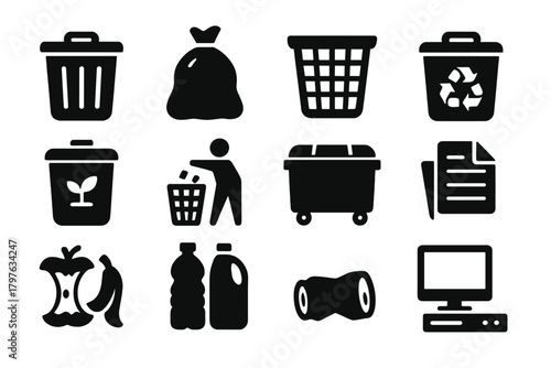 Trash Management Icons. Solid style icons of Trash management: trash bin, garbage bag, waste basket, recycling bin, compost bin,