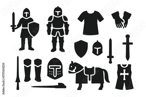 Medieval Knight Icons. Solid style icons of Medieval knights: knight figure, full armor, chainmail, gauntlets, greaves, helmet,
