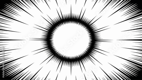 Radial speed lines burst effect in black and white, dynamic comic book background with central circle for focus or copy space.