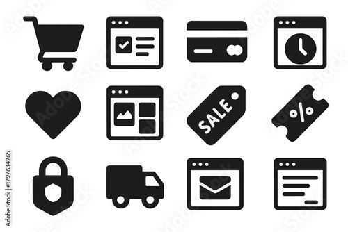 E-Commerce Icon Set. Solid style icons of e-commerce websites: shopping cart, checkout page, credit card payment, order history,