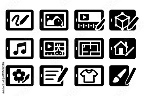 Creative Tablet Icons. Solid style icons of creative tablets: digital drawing app, photo editing screen, animation timeline, 3D