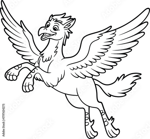 Whimsical line drawing of a mythical griffin in flight