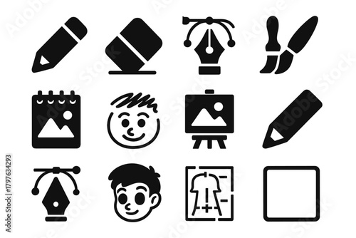 Art Tools Icons. Solid style icons of Drawing: pencil, eraser, pen tool, ink brush, sketch paper, doodle icon, art board, graphite