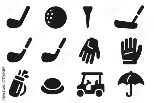 Golf Equipment Icons. Solid style icons of Golf equipment: golf club, golf ball, tee, putter, driver, iron, wedge, glove, golf bag