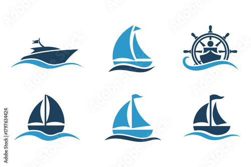 Vector collection of blue nautical boat, sailboat, ship icons, ocean waves