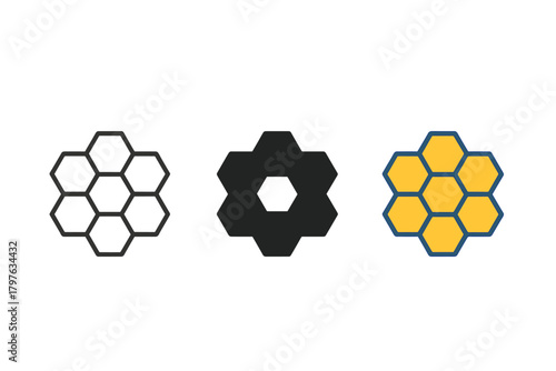 Three different colored honeycomb shapes are shown. The black honeycomb is the most prominent, with the yellow honeycomb in the middle and the white honeycomb on the far left