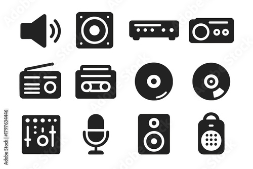 Sound Device Icons. Solid style icons of sound devices: loudspeaker, subwoofer, amplifier, soundbar, radio, cassette player, vinyl