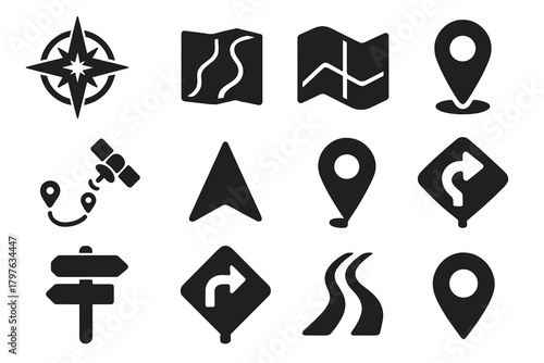 Navigation Icons Set. Solid style icons of navigation: compass rose, road map, folded map, gps pointer, satellite route,