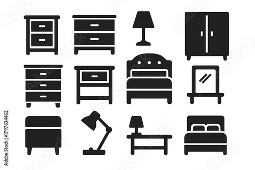 Bedroom Furniture Icons. Solid style icons of Bedroom furniture: nightstand, dresser, wardrobe, bedside lamp, headboard, chest of