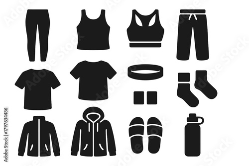 Yoga Attire Icons. Solid style icons of Yoga attire: leggings, tank top, sports bra, loose pants, t-shirt, headband, wristband,