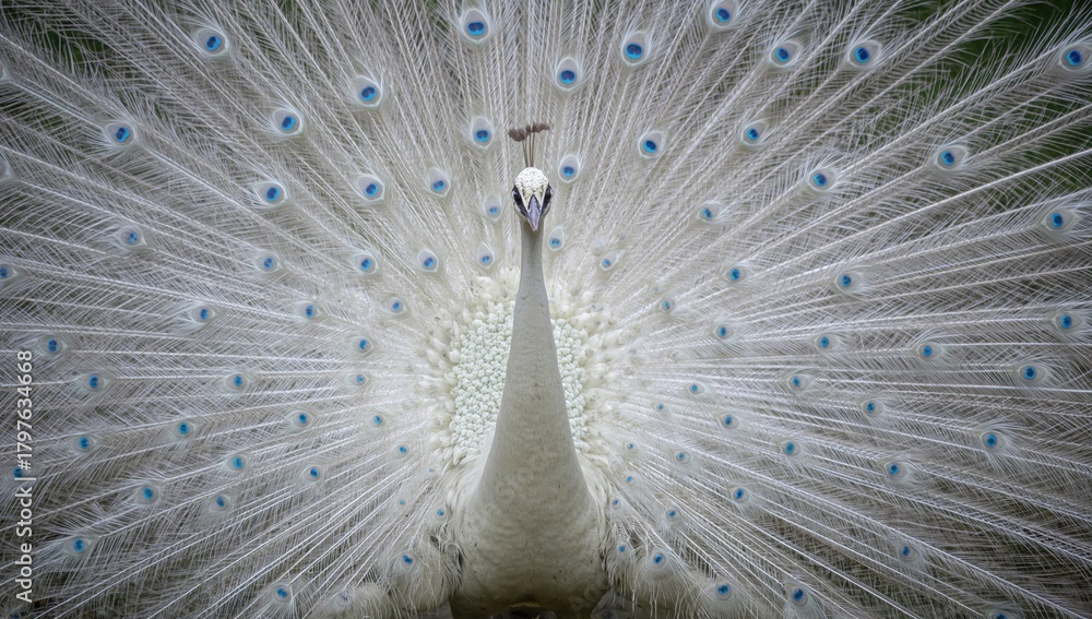 Obraz premium White peacock displaying its plumage, showcasing its iridescent feathers