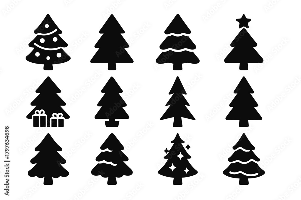 Obraz premium Christmas Tree Icons. Solid style icons of Christmas trees: decorated tree, plain pine tree, snow-covered tree, tree with star,
