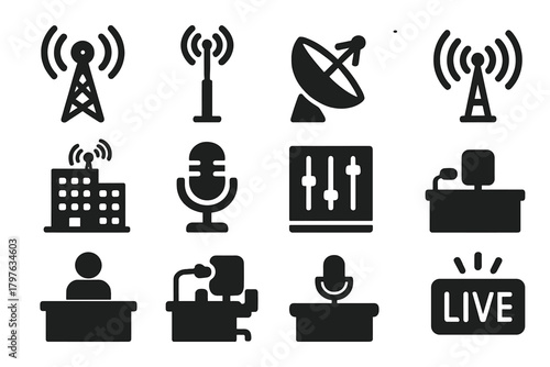 Broadcast Station Icons. Solid style icons of broadcast stations: radio tower, antenna mast, satellite dish, transmitter waves,