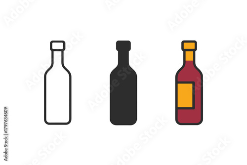 Three bottles of liquor are shown in a row, with one bottle being a white bottle, one a black bottle, and one a red bottle