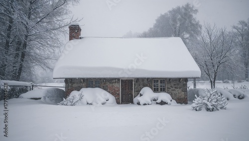 Snow-covered cottage surrou...
