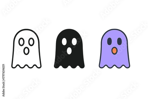 Three different colored ghosts are shown in a row. The first ghost is black and white, the second is purple, and the third is black and purple