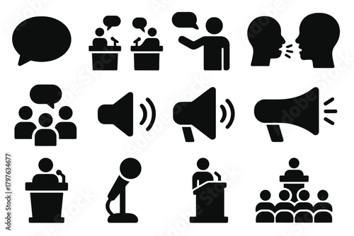 Speech Icons Collection. Solid style icons of speech themes: dialogue bubble, debate podium, storytelling figure, person speaking,