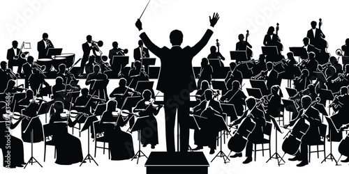 Silhouette of full orchestra with conductor leading classical music performance, featuring strings, brass, woodwinds, percussion in concert hall