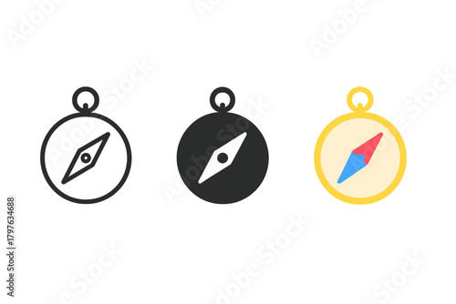 Three different compass designs are shown, each with a different color scheme. The first design is black and white, the second is yellow and blue, and the third is red and blue