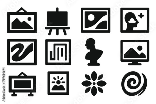 Art Icons Collection. Solid style icons of Artworks: framed artwork, painting canvas, abstract artwork, surreal piece,