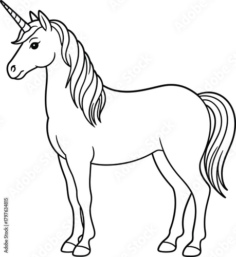 A simple black and white line drawing of a majestic unicorn standing gracefully