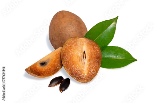 Fresh organic chemical-free sapodilla (Manilkara zapota) sweet and taste fruit with green leaf isolated on white background