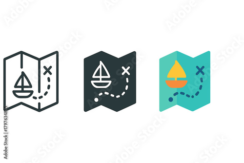 Three different maps, each with a boat on it. The first map has a sailboat on it, while the second map has a small boat